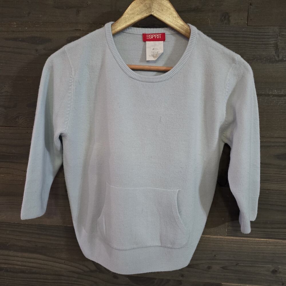 Vintage 90s Esprit Sweater Womens M Light Blue Kangaroo Pocket 3/4 Sleeve Knit